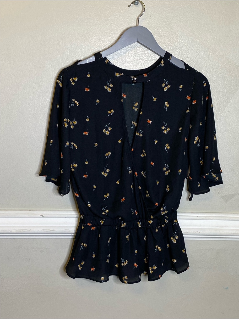 Nordstrom Black Floral Peplum Blouse with Flutter Sleeves